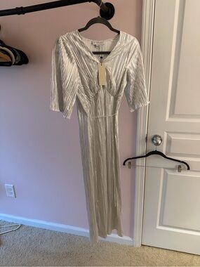 Never Fully Dressed Silver Pleated Maxi Dress